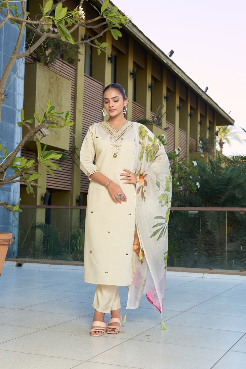 VISHVA CREATION Cream Straight Kurta Set for Women - Image 4